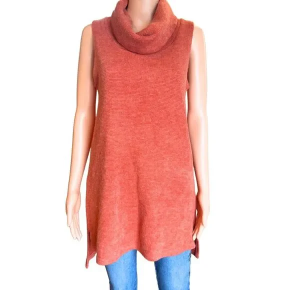 Papillon Cowl Neck Sleeveless Tunic Sweater Medium Terracotta Burnt Orange Knit - Picture 2 of 6